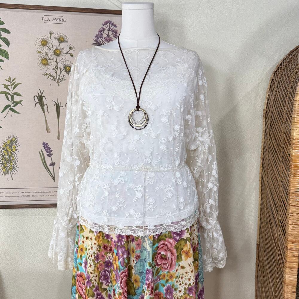 Vintage 60s 70s Sheer Floral Lace Top Romantic Coquette Fairy Dollette Cottage S